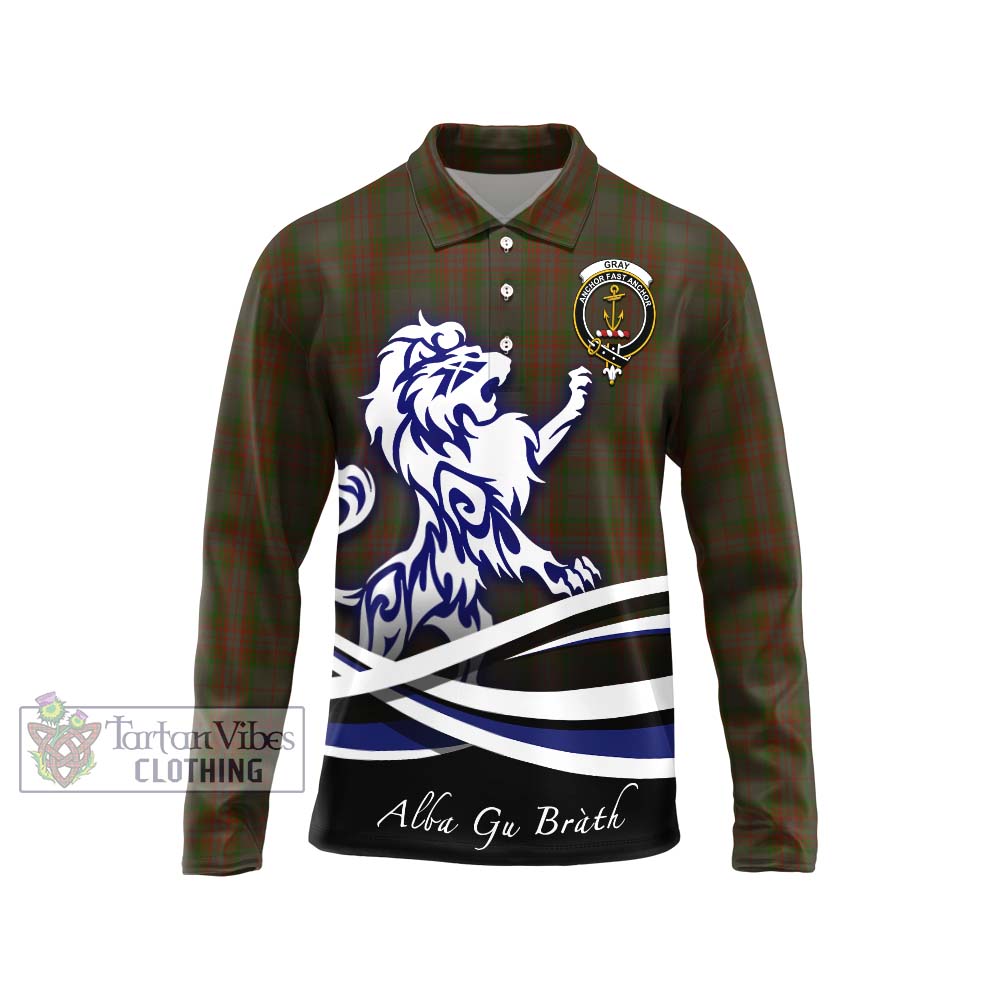 Gray Tartan Long Sleeve Polo Shirt with Alba Gu Brath Regal Lion Emblem Unisex - Tartan Vibes Clothing