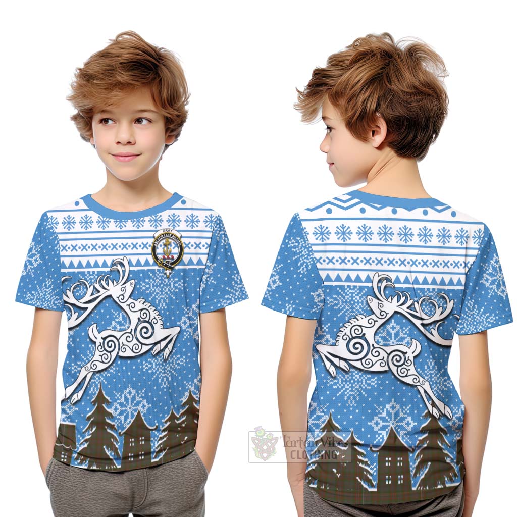Gray Clan Christmas Kid T-Shirt Celtic Reindeer Style Youth XL Size14 - Tartan Vibes Clothing