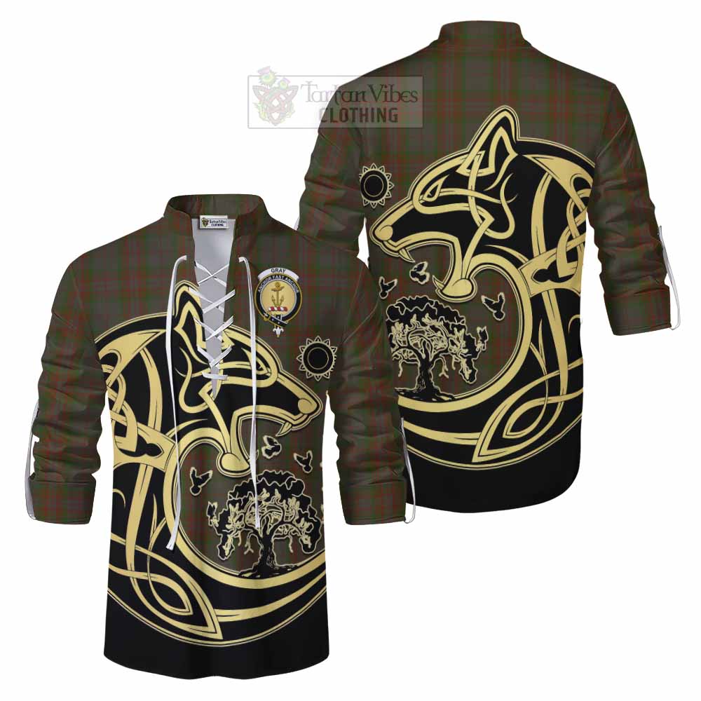 Gray Tartan Ghillie Kilt Shirt with Family Crest Celtic Wolf Style Men - Tartan Vibes Clothing