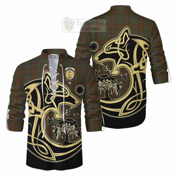 Gray Tartan Ghillie Kilt Shirt with Family Crest Celtic Wolf Style Men - Tartan Vibes Clothing