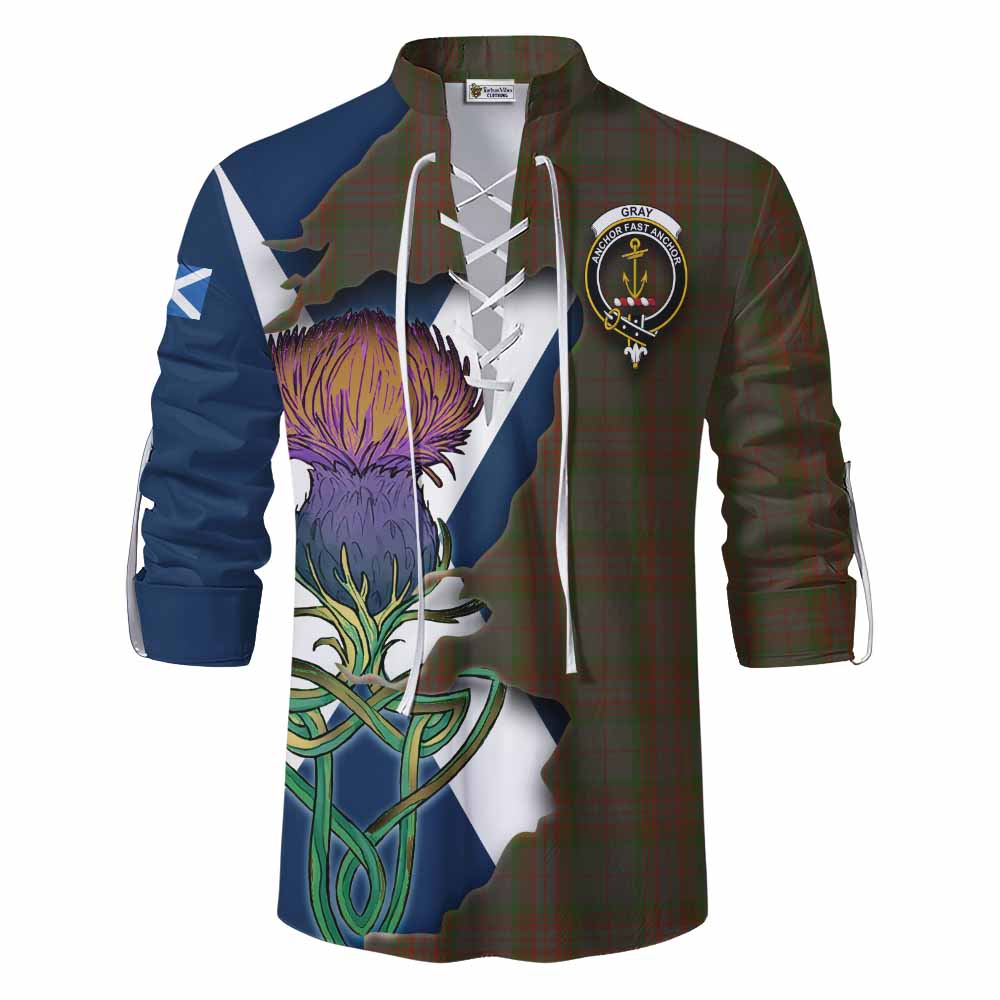 Gray Tartan Family Crest Ghillie Kilt Shirt Scottish Thistle Celtic Inspired Men - Tartan Vibes Clothing