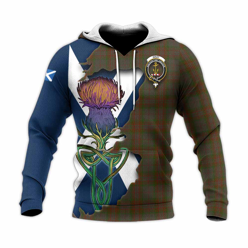 Gray Tartan Family Crest Knitted Hoodie Scottish Thistle Celtic Inspired Unisex Knitted Pullover Hoodie - Tartan Vibes Clothing