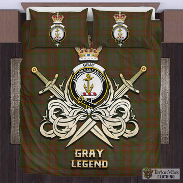 Gray Tartan Bedding Set with Clan Crest and the Golden Sword of Courageous Legacy
