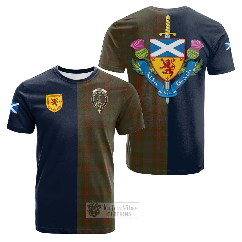 Tartan Vibes Clothing Gray Tartan Cotton T-shirt with Scottish Lion Royal Arm Half Style