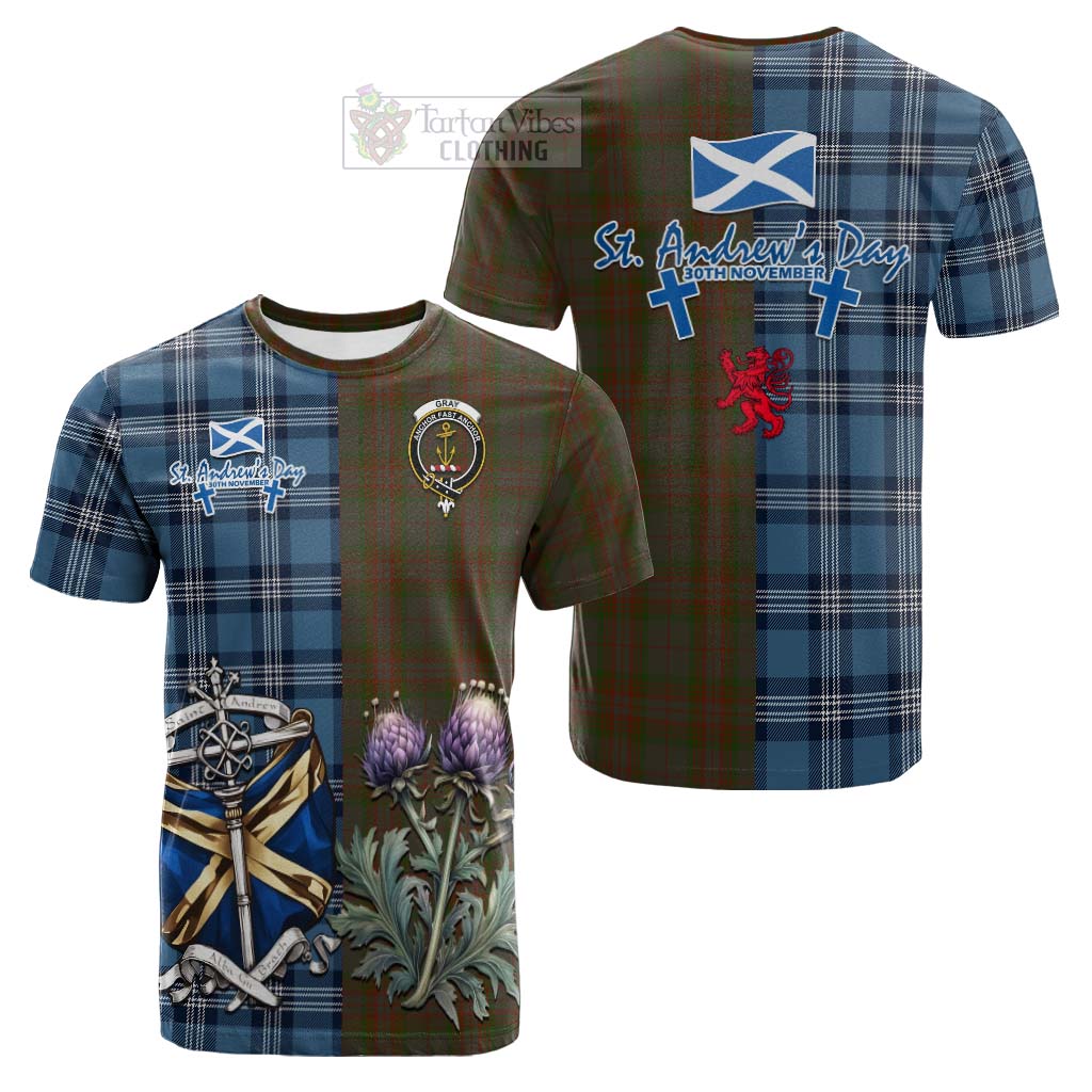 Gray Tartan Cotton T-shirt Happy St. Andrew's Day Half Tartan Style Kid's Shirt - Tartan Vibes Clothing