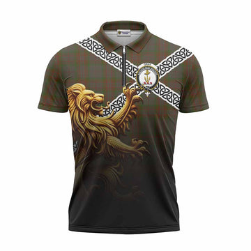 Gray Crest Tartan Zipper Polo Shirt with Golden Lion Emblem Celtic Style Unisex - Tartan Vibes Clothing