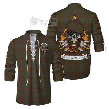 Gray Tartan Ghillie Kilt Shirt with Family Crest and Bearded Skull Holding Bottles of Whiskey Men - Tartan Vibes Clothing