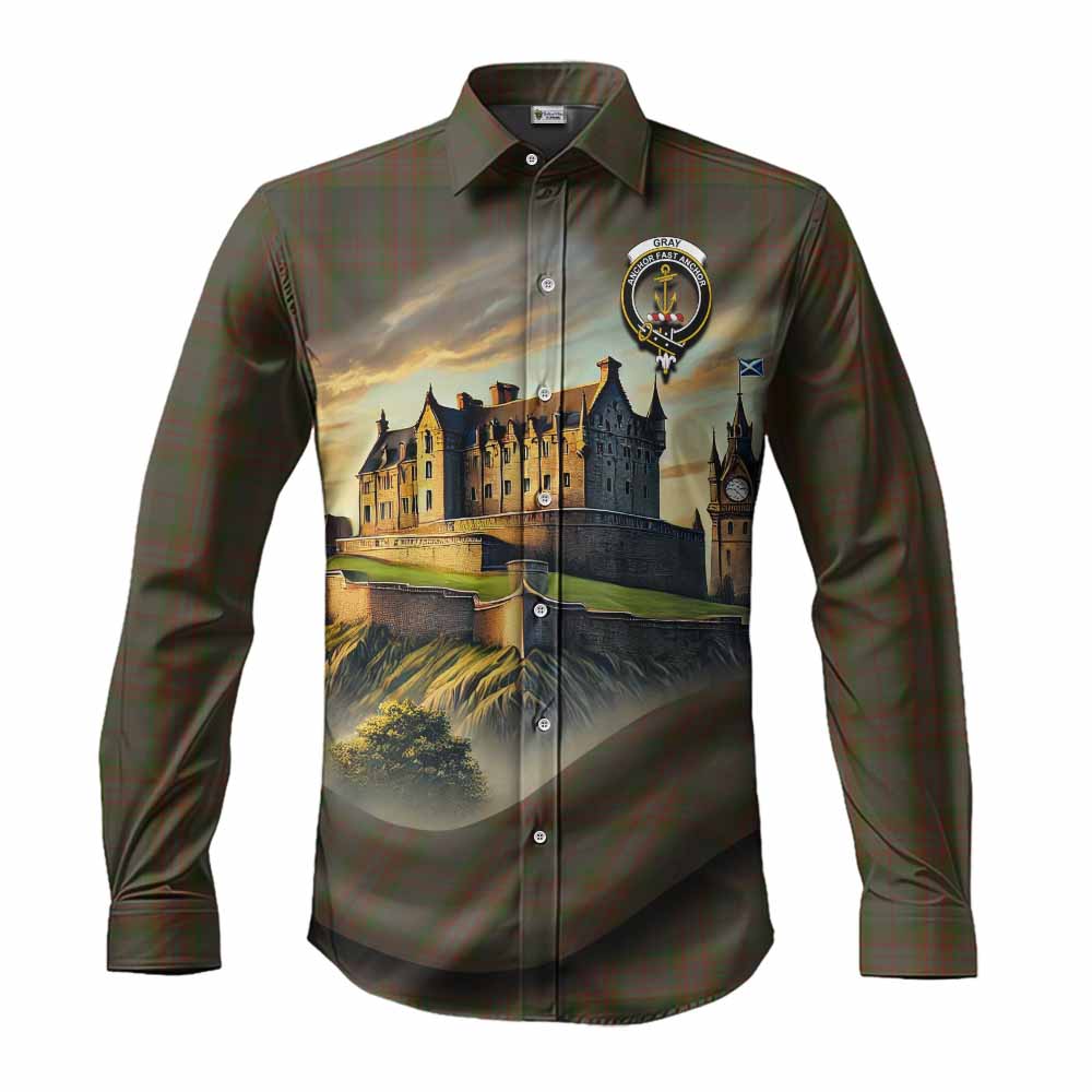 Tartan Vibes Clothing Gray Tartan Family Crest Long Sleeve Button Shirt with Scottish Ancient Castle Style