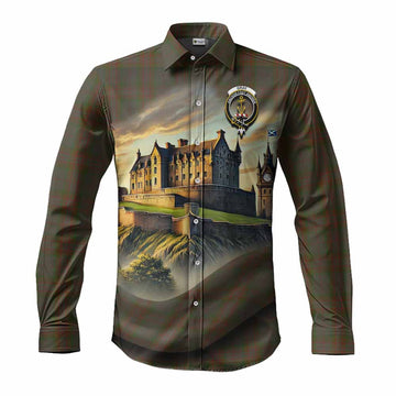 Tartan Vibes Clothing Gray Tartan Family Crest Long Sleeve Button Shirt with Scottish Ancient Castle Style