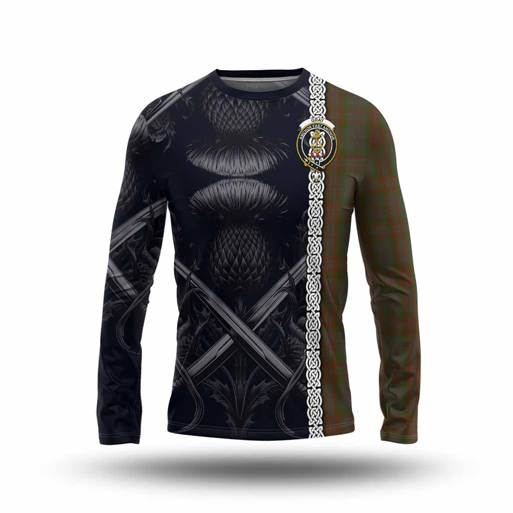 Gray Tartan Long Sleeve T-Shirt with Family Crest Cross Sword Thistle Celtic Vibes Unisex - Tartan Vibes Clothing