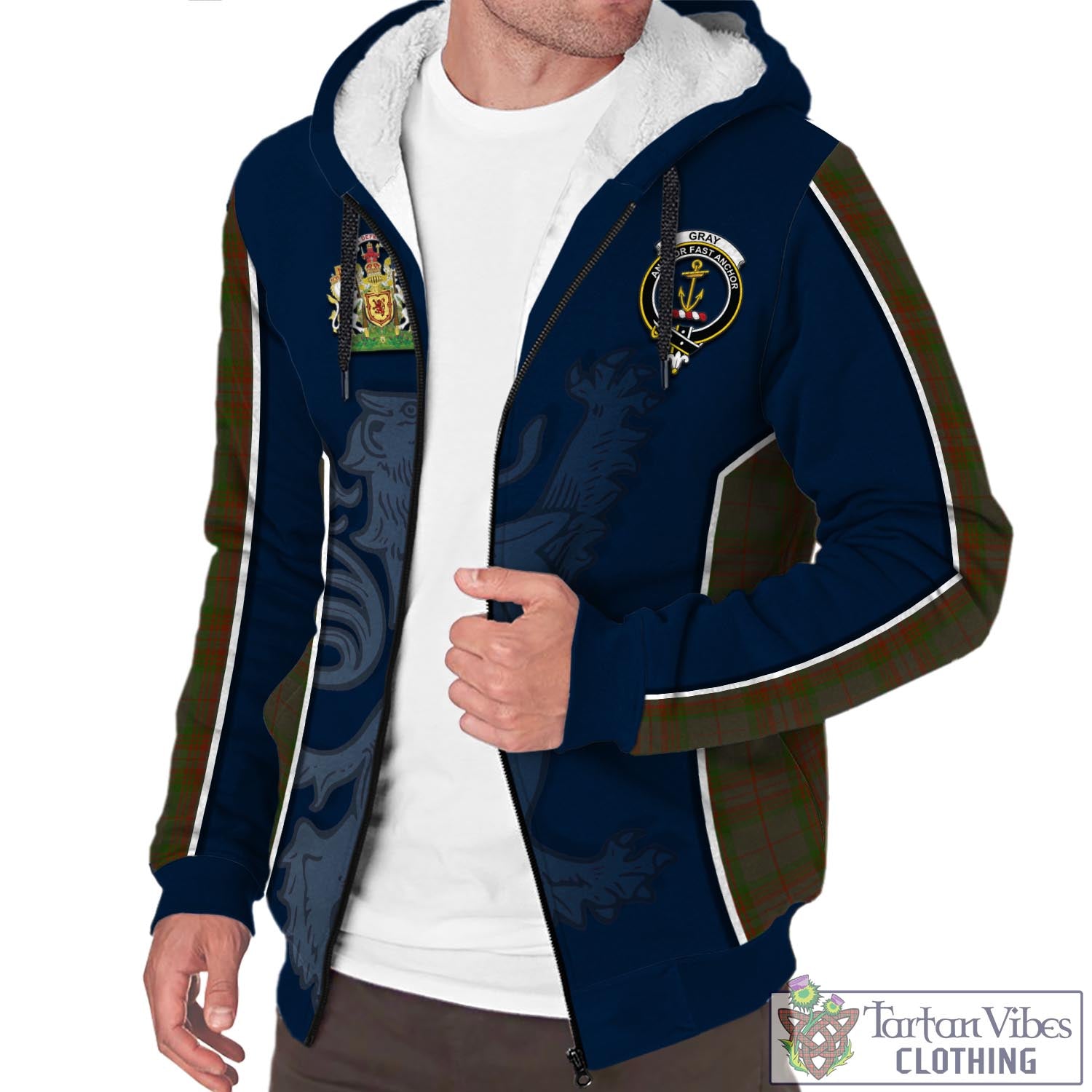 Tartan Vibes Clothing Gray Tartan Sherpa Hoodie with Family Crest and Lion Rampant Vibes Sport Style