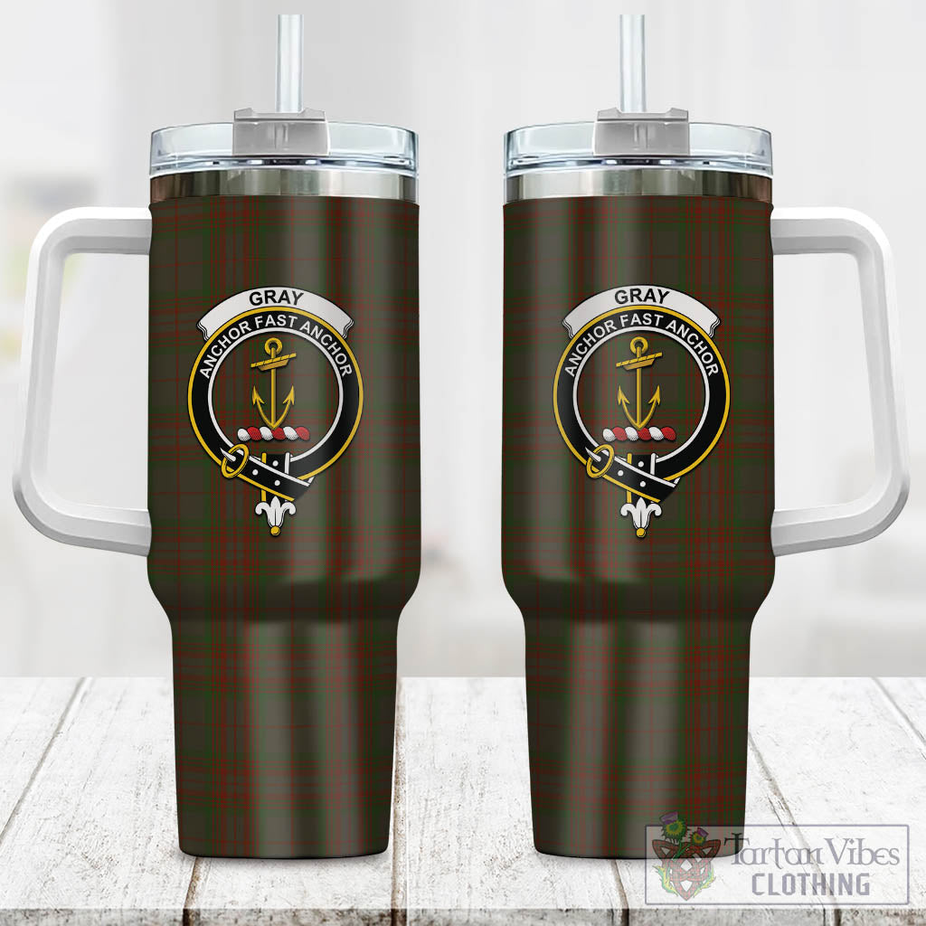 Gray Tartan Tumbler with Handle with Family Crest One Size 40 OZ - Tartan Vibes Clothing