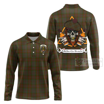 Gray Tartan Long Sleeve Polo Shirt with Family Crest and Bearded Skull Holding Bottles of Whiskey Unisex - Tartan Vibes Clothing