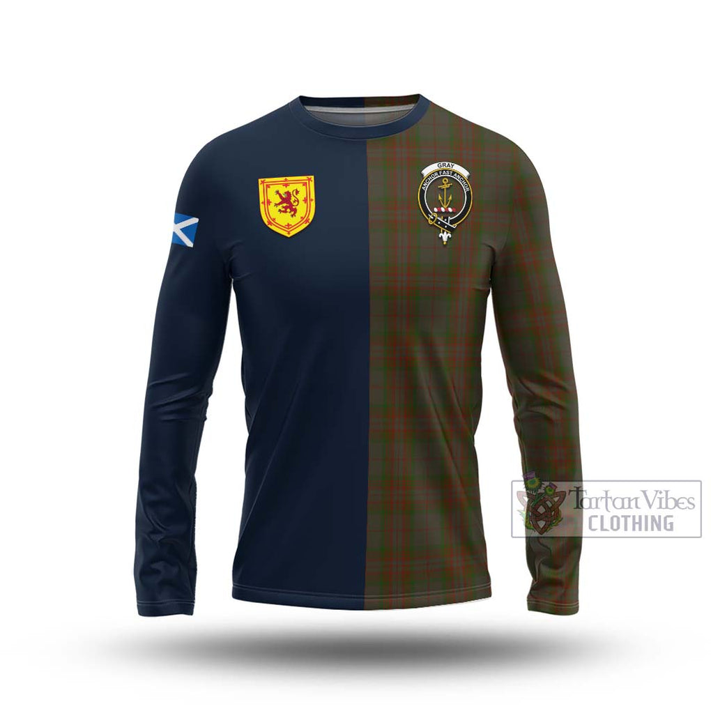 Gray Tartan Long Sleeve T-Shirt Alba with Scottish Lion Royal Arm Half Style Unisex - Tartan Vibes Clothing