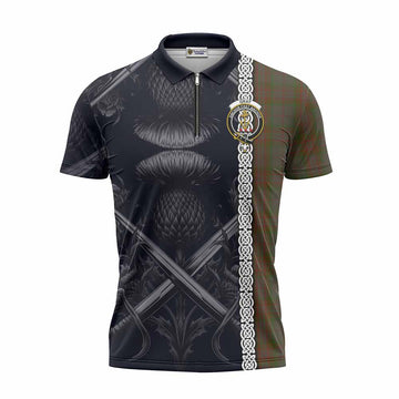 Gray Tartan Zipper Polo Shirt with Family Crest Cross Sword Thistle Celtic Vibes Unisex - Tartan Vibes Clothing