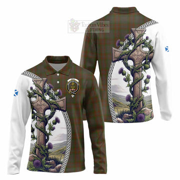 Gray Tartan Long Sleeve Polo Shirt with Family Crest and St. Andrew's Cross Accented by Thistle Vines Unisex - Tartan Vibes Clothing