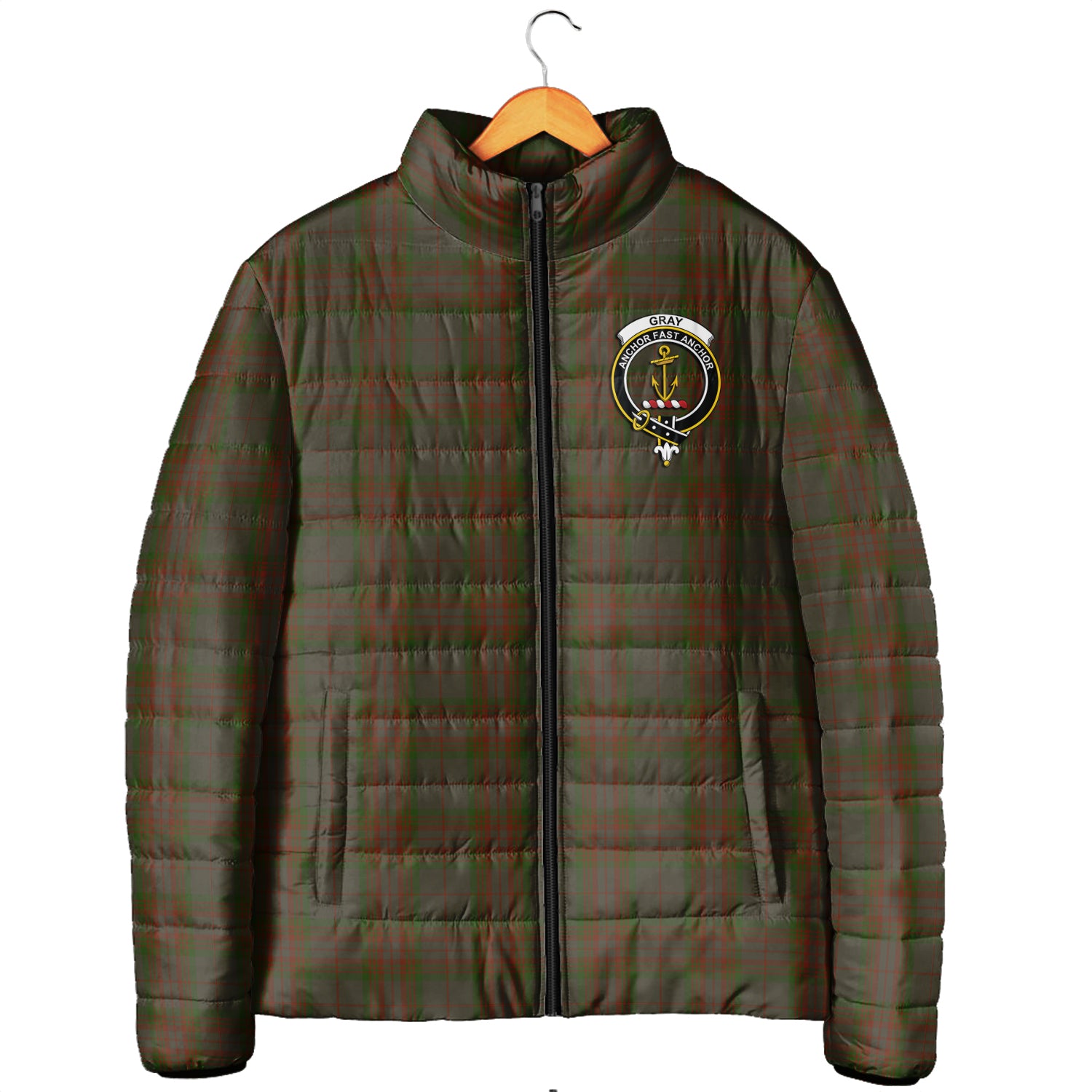 Gray Tartan Padded Jacket with Family Crest Men's Padded Jacket - Tartan Vibes Clothing