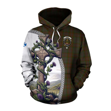 Gray Tartan Cotton Hoodie with Family Crest and St. Andrew's Cross Accented by Thistle Vines Pullover Hoodie XS - Tartan Vibes Clothing