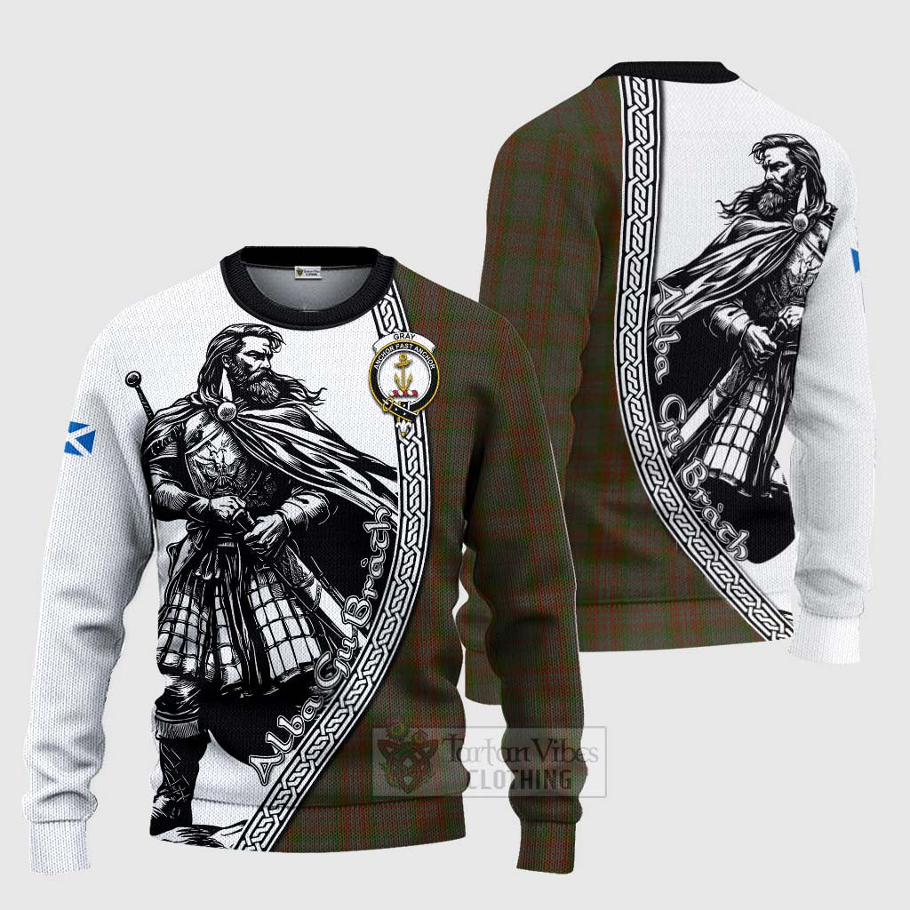 Gray Tartan Clan Crest Knitted Sweater with Highlander Warrior Celtic Style Unisex - Tartan Vibes Clothing
