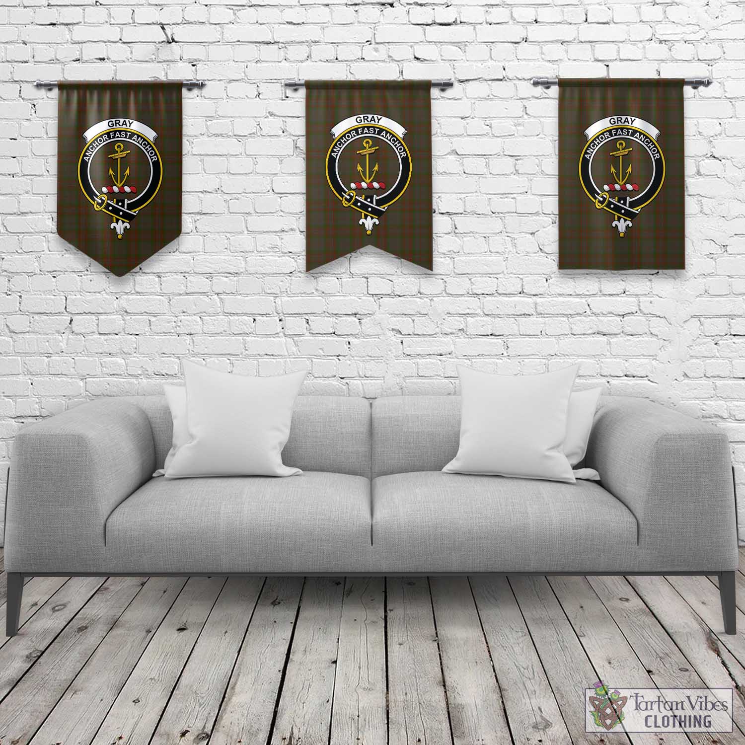 Gray Tartan Gonfalon, Tartan Banner with Family Crest Rectangle - Tartan Vibes Clothing