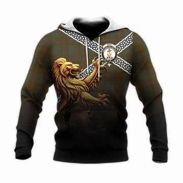 Gray Crest Tartan Knitted Hoodie with Golden Lion Emblem Celtic Style Unisex Knitted Pullover Hoodie - Tartan Vibes Clothing