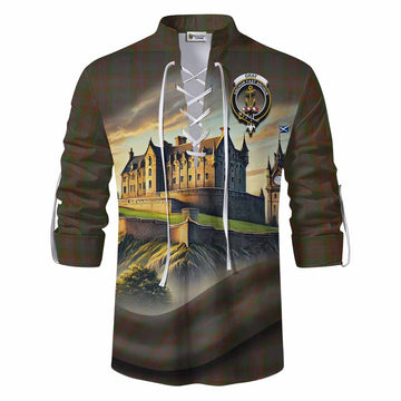 Gray Tartan Family Crest Ghillie Kilt Shirt with Scottish Ancient Castle Style Men - Tartan Vibes Clothing