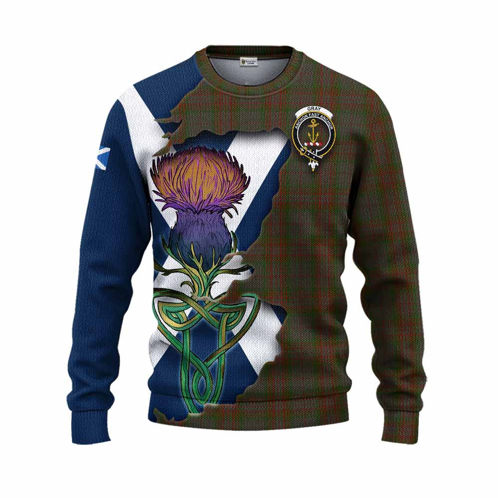 Gray Tartan Family Crest Knitted Sweater Scottish Thistle Celtic Inspired Unisex - Tartan Vibes Clothing