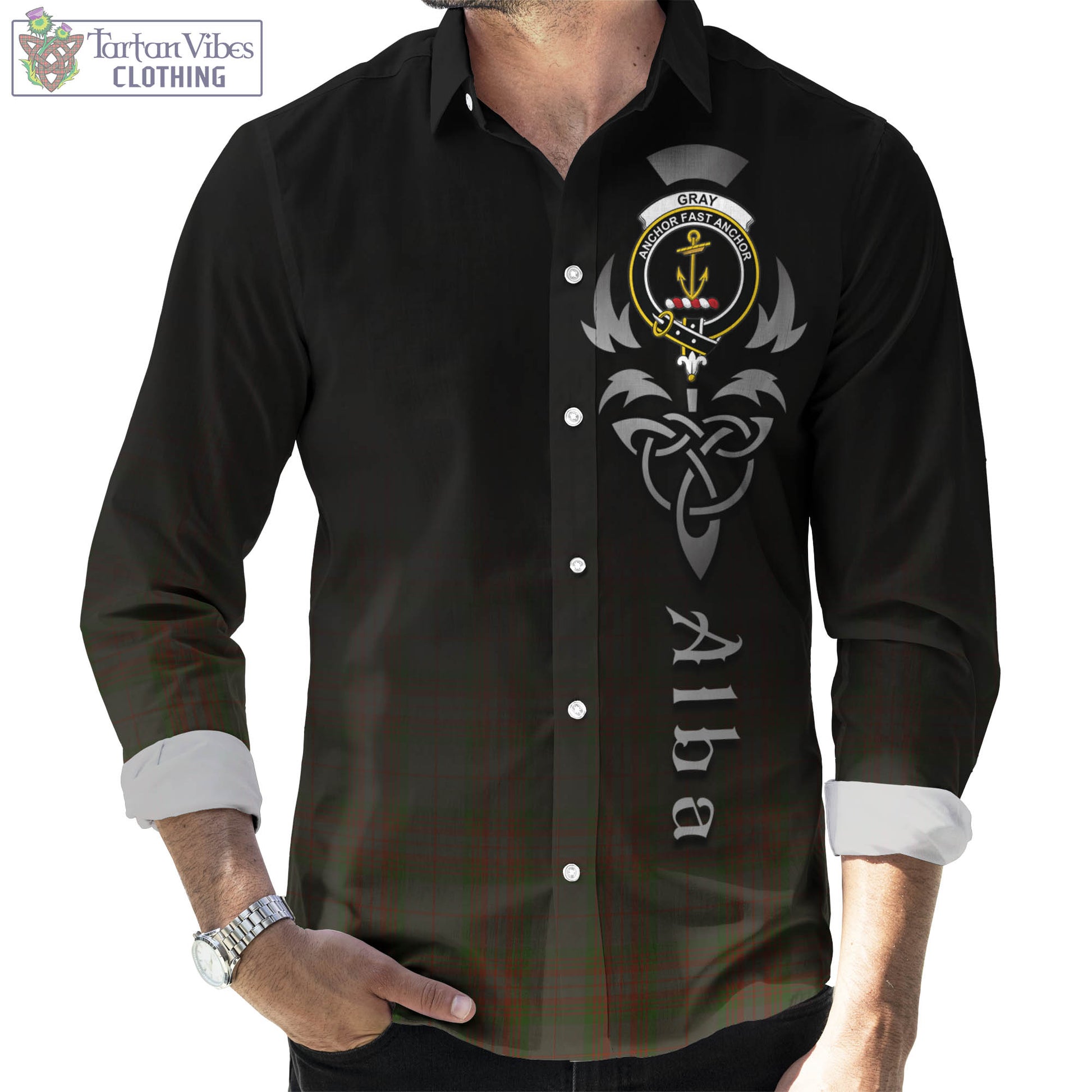 Tartan Vibes Clothing Gray Tartan Long Sleeve Button Up Featuring Alba Gu Brath Family Crest Celtic Inspired