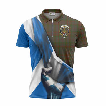 Gray Tartan Zipper Polo Shirt with Family Crest Scotland Patriotic Style Unisex - Tartan Vibes Clothing