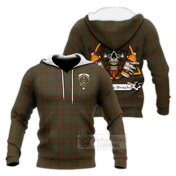 Gray Tartan Knitted Hoodie with Family Crest and Bearded Skull Holding Bottles of Whiskey Unisex Knitted Pullover Hoodie - Tartan Vibes Clothing