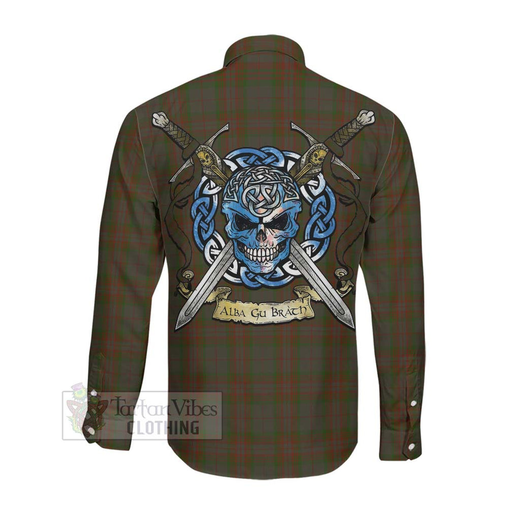 Gray Tartan Long Sleeve Button Shirt with Family Crest Celtic Skull Style Men's Shirt - Tartan Vibes Clothing