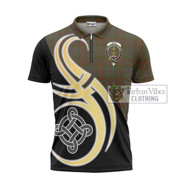 Gray Tartan Zipper Polo Shirt with Family Crest and Celtic Symbol Style - Tartan Vibes Clothing