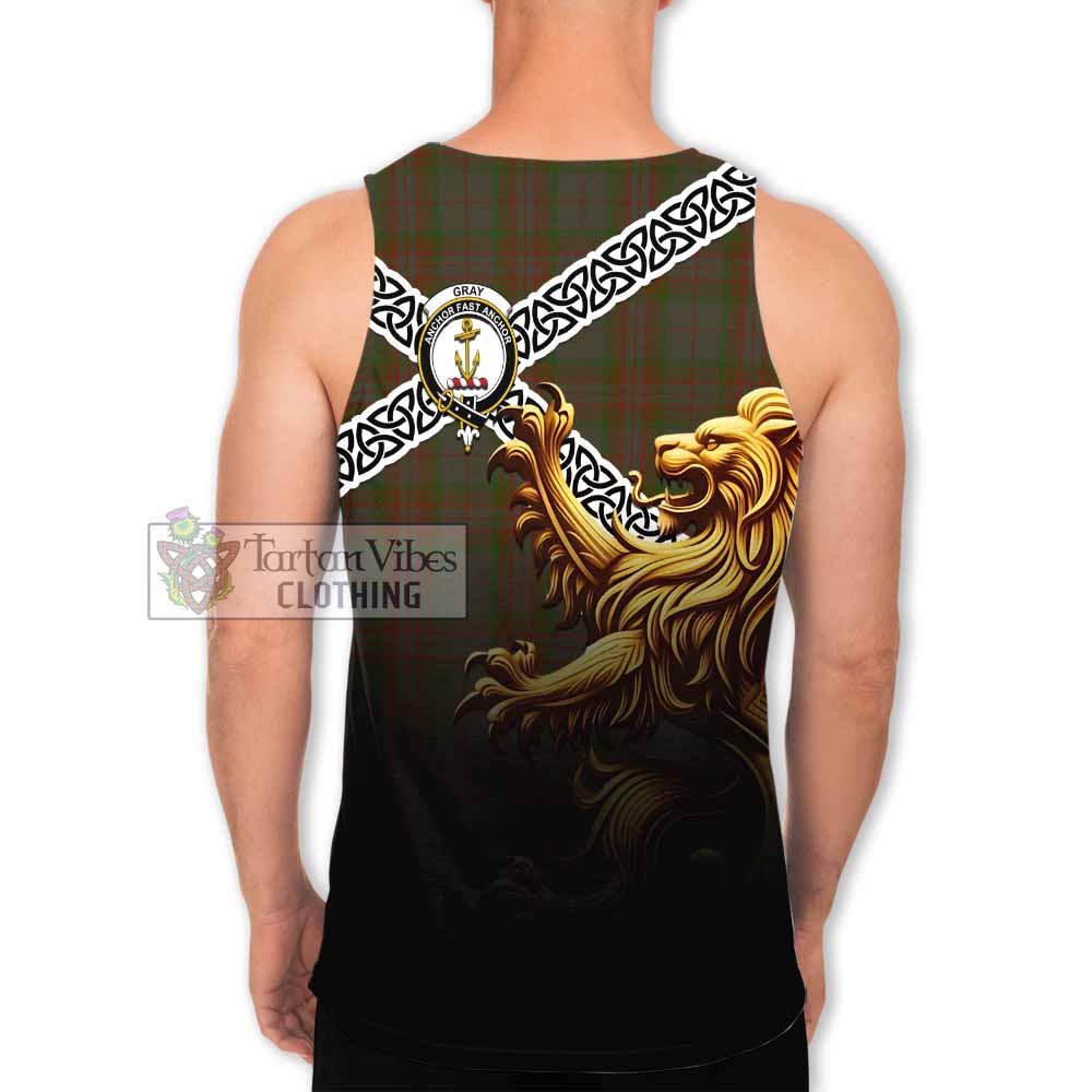 Gray Crest Tartan Men's Tank Top with Golden Lion Emblem Celtic Style - Tartan Vibes Clothing