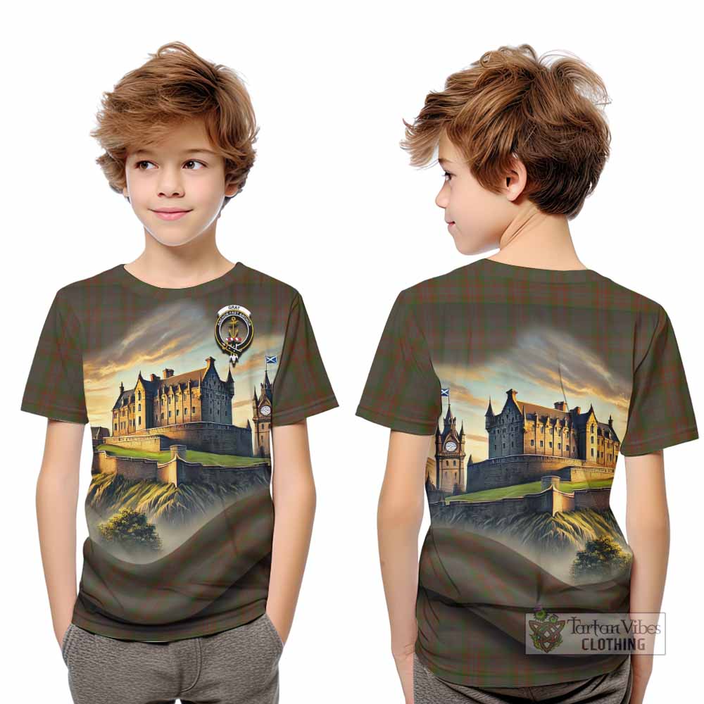 Gray Tartan Family Crest Kid T-Shirt with Scottish Ancient Castle Style - Tartan Vibes Clothing