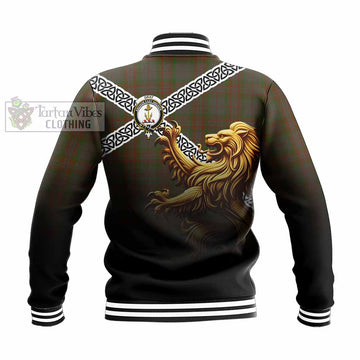 Tartan Vibes Clothing Gray Crest Tartan Baseball Jacket with Golden Lion Emblem Celtic Style