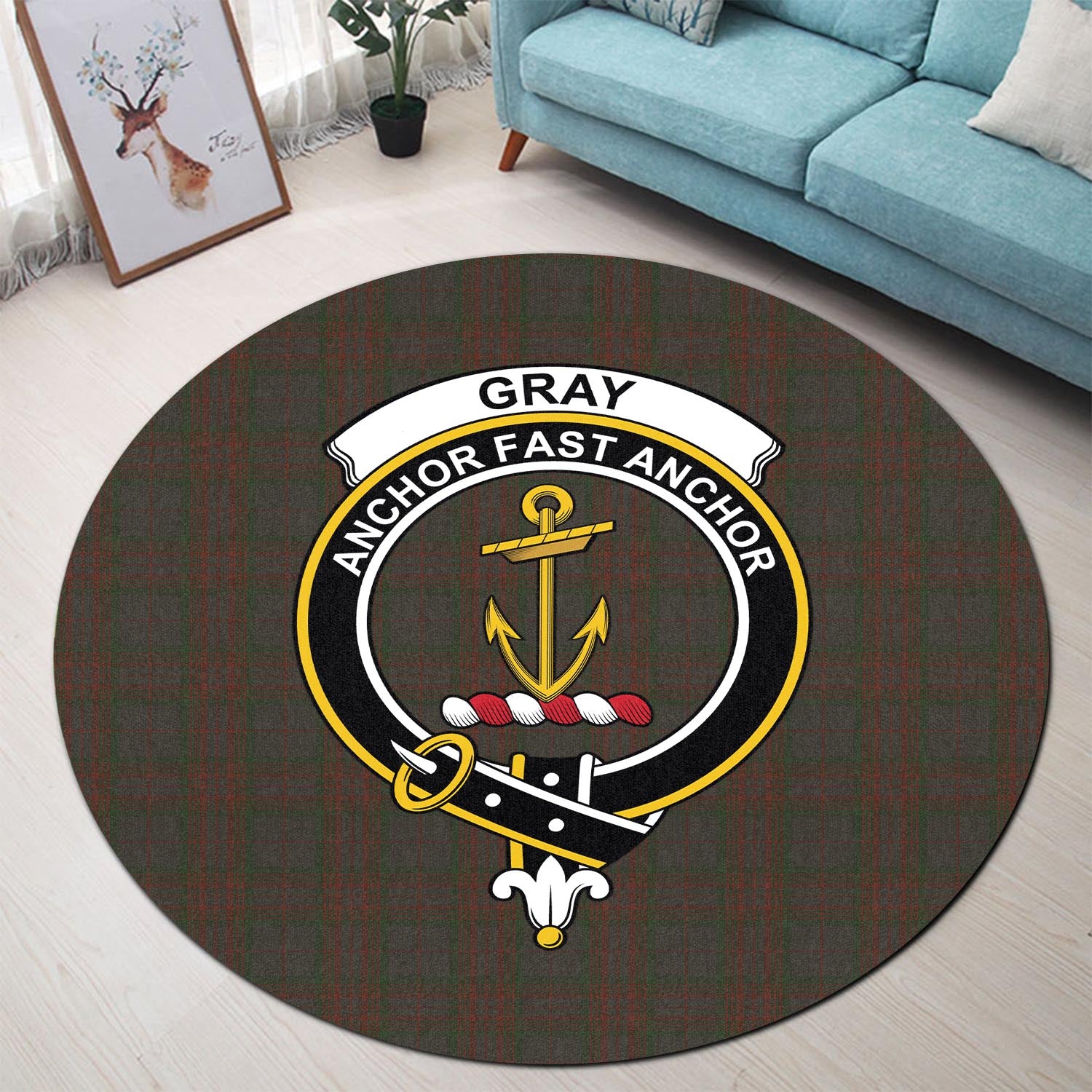 Gray Tartan Round Rug with Family Crest - Tartan Vibes Clothing