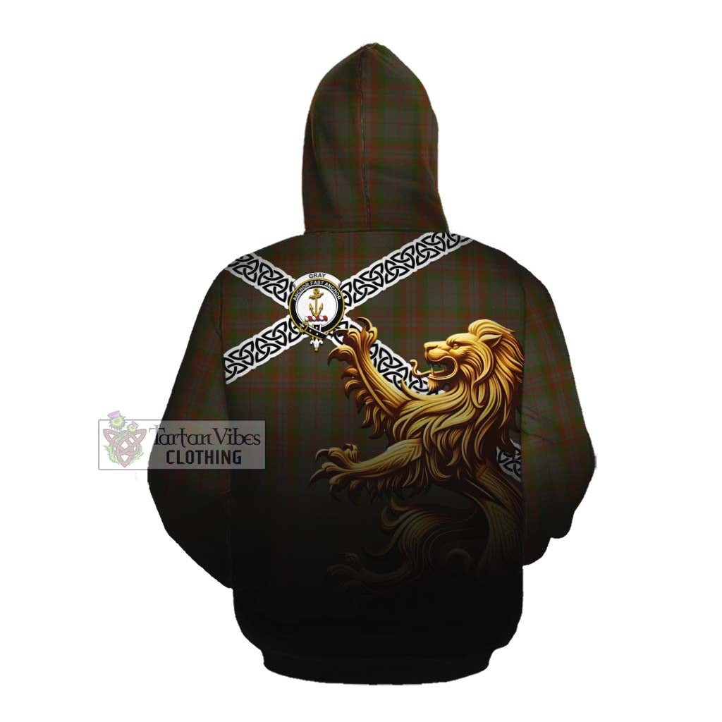Gray Crest Tartan Cotton Hoodie with Golden Lion Emblem Celtic Style Pullover Hoodie - Tartan Vibes Clothing
