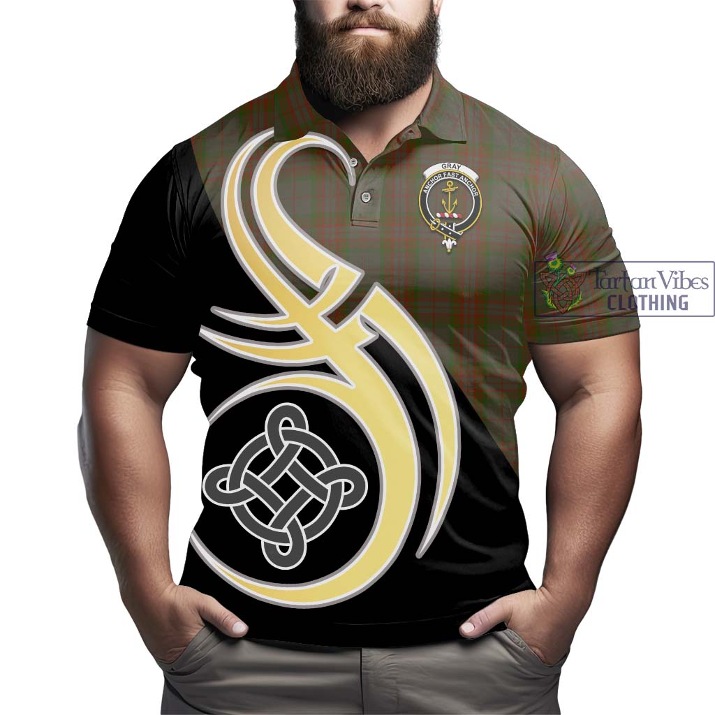 Gray Tartan Polo Shirt with Family Crest and Celtic Symbol Style - Tartan Vibes Clothing