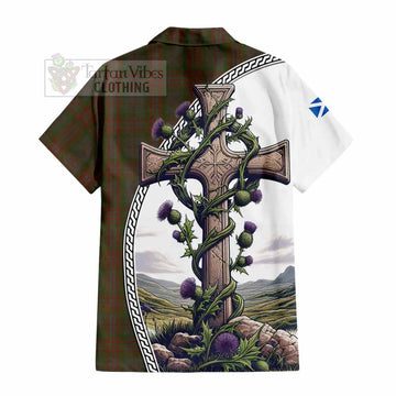Gray Tartan Hawaiian Shirt with Family Crest and St. Andrew's Cross Accented by Thistle Vines - Tartan Vibes Clothing