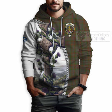 Gray Tartan Hoodie with Family Crest and St. Andrew's Cross Accented by Thistle Vines - Tartan Vibes Clothing