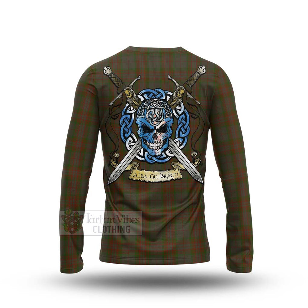 Gray Tartan Long Sleeve T-Shirt with Family Crest Celtic Skull Style - Tartan Vibes Clothing
