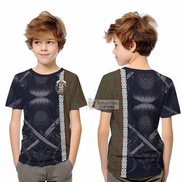Gray Tartan Kid T-Shirt with Family Crest Cross Sword Thistle Celtic Vibes - Tartan Vibes Clothing