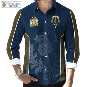Gray Tartan Long Sleeve Button Up Shirt with Family Crest and Scottish Thistle Vibes Sport Style