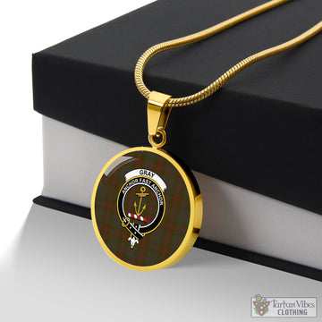 Gray Tartan Circle Necklace with Family Crest