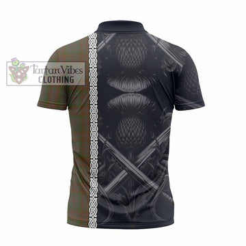 Gray Tartan Zipper Polo Shirt with Family Crest Cross Sword Thistle Celtic Vibes - Tartan Vibes Clothing