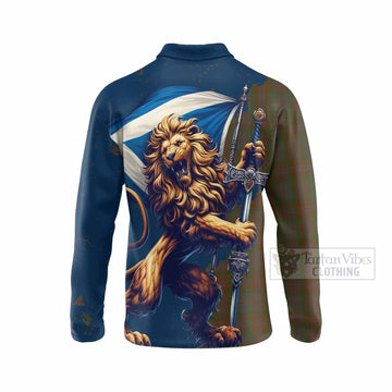 Gray Tartan Family Crest Long Sleeve Polo Shirt with Scottish Majestic Lion - Tartan Vibes Clothing