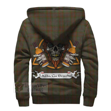 Gray Tartan Sherpa Hoodie with Family Crest and Bearded Skull Holding Bottles of Whiskey - Tartan Vibes Clothing