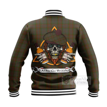 Gray Tartan Baseball Jacket with Family Crest and Bearded Skull Holding Bottles of Whiskey - Tartan Vibes Clothing