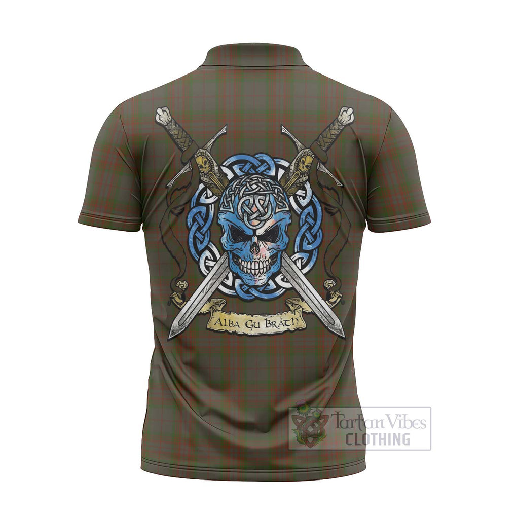 Gray Tartan Zipper Polo Shirt with Family Crest Celtic Skull Style - Tartan Vibes Clothing