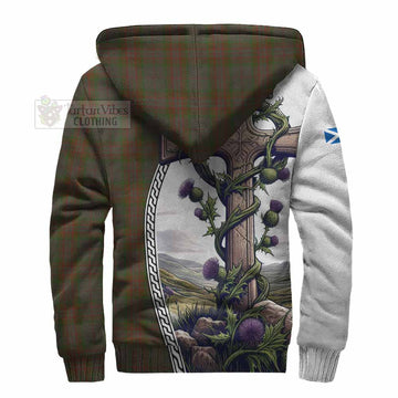 Gray Tartan Sherpa Hoodie with Family Crest and St. Andrew's Cross Accented by Thistle Vines - Tartan Vibes Clothing